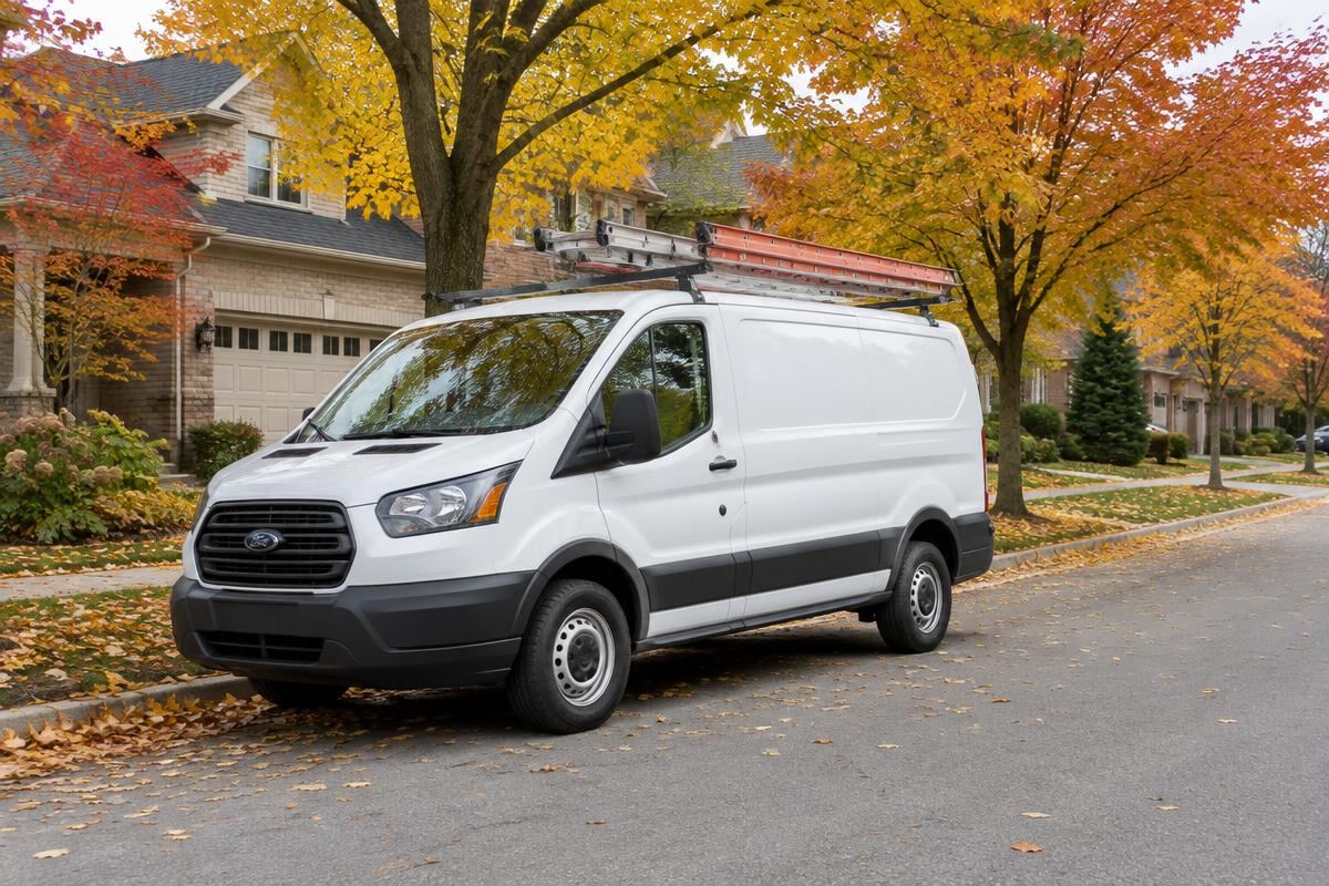 Service van parked on a tree-lined residential street in autumn (stock image)