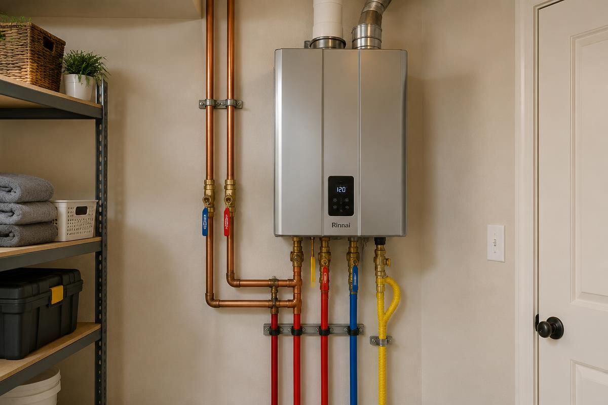 Wall-mounted tankless water heater with copper and PEX piping (stock image)
