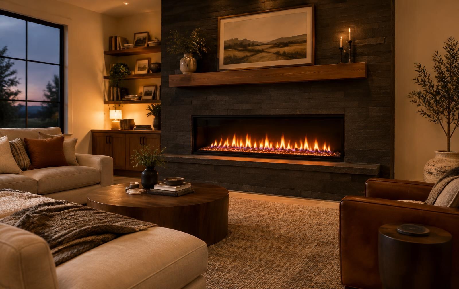 Modern living room with a glowing linear gas fireplace (stock image)
