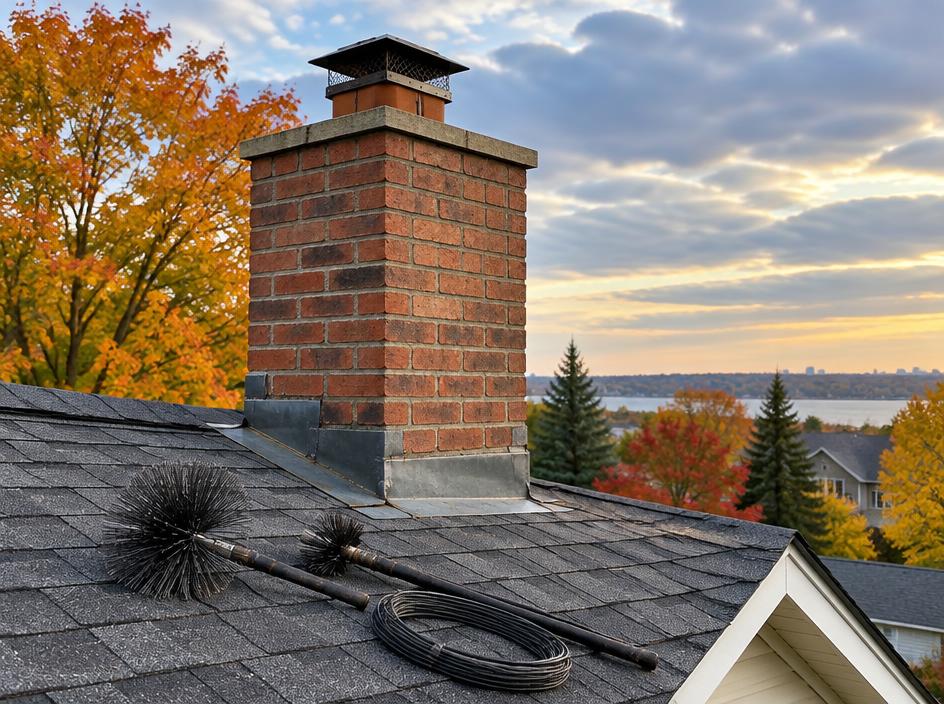 Brick chimney on a roof with sweep brushes (illustrative image)