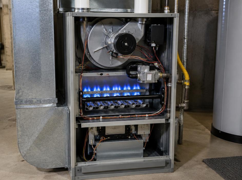 Gas furnace with blue burner flames (illustrative image)
